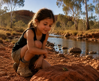 A child watching a frog by the creek